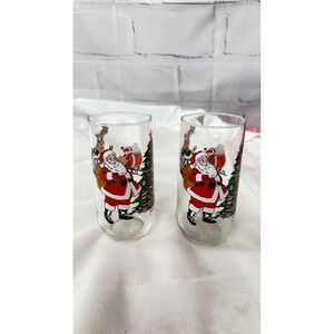 Vintage Christmas Santa Claus Reindeer Tree Drinking Glasses Set of 2 Tumblers